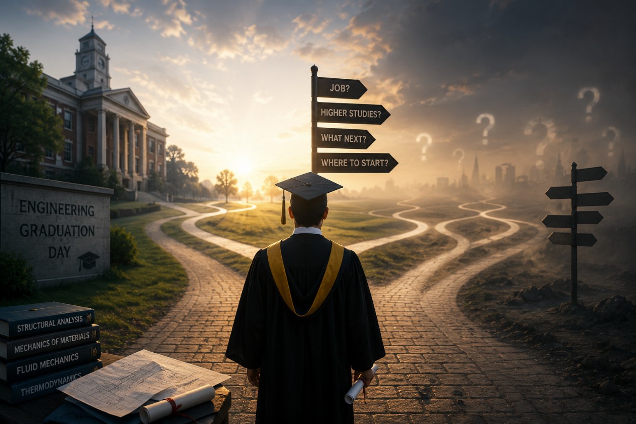 An engineering graduate standing before a signpost reading Job, Higher Studies, What Next, Where To Start, facing a foggy crossroads of paths