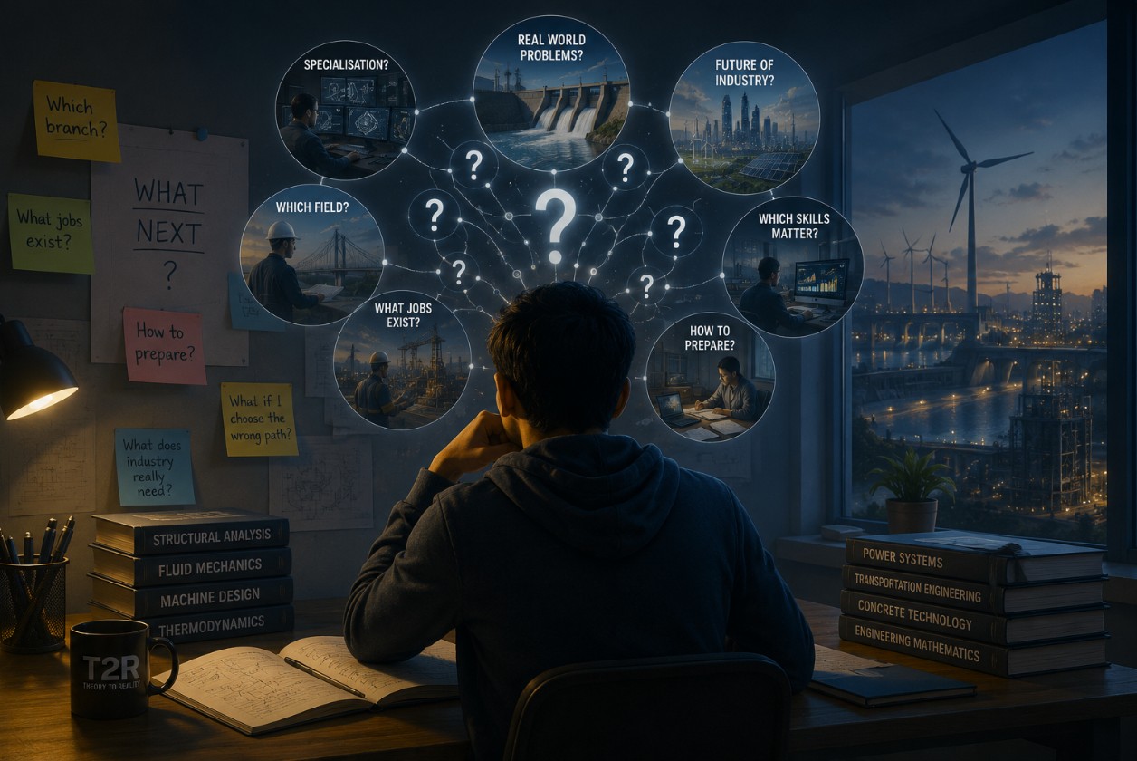 A student at a desk surrounded by floating question bubbles — which field, what jobs exist, how to prepare, future of industry