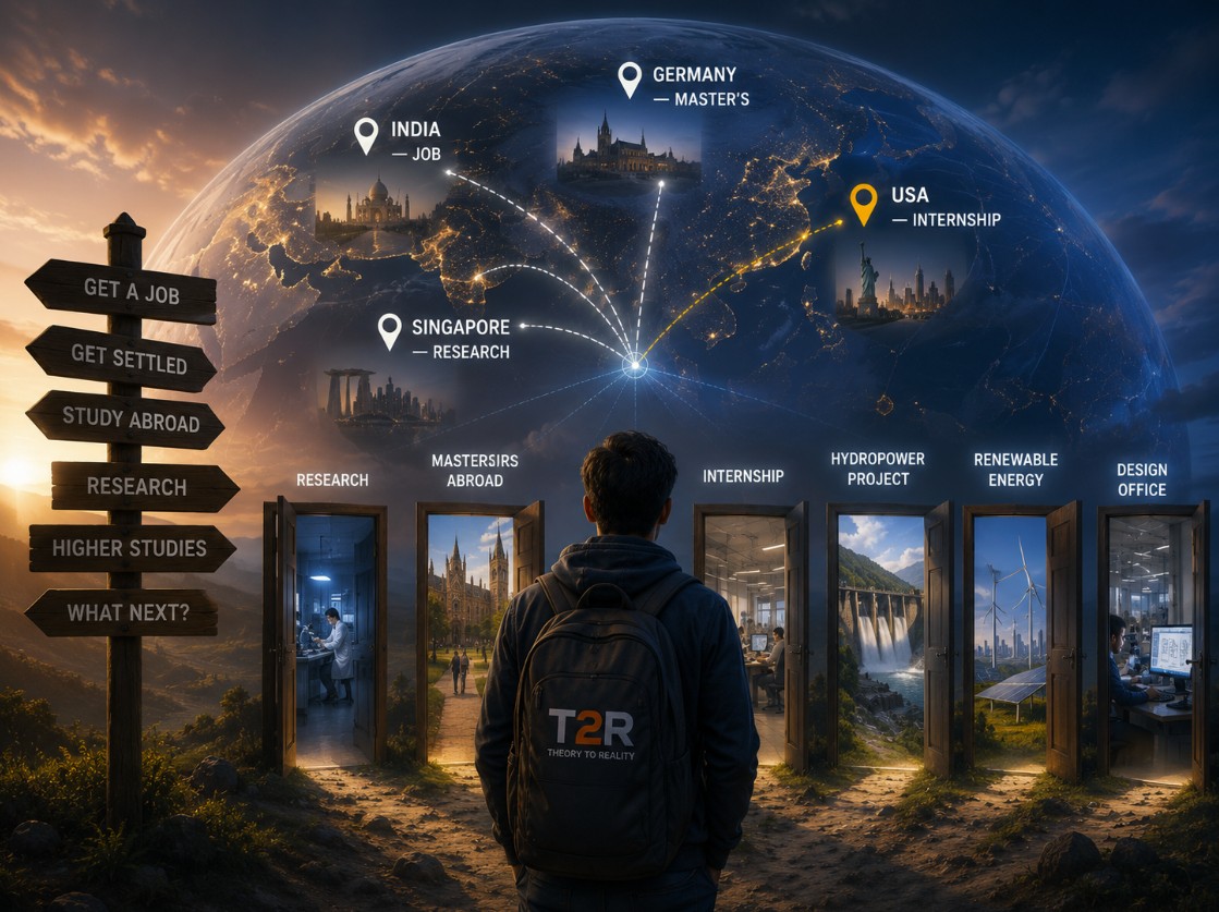 A student with a T2R backpack facing a globe of opportunities and open doors labelled research, master's abroad, internship, hydropower project, renewable energy, design office